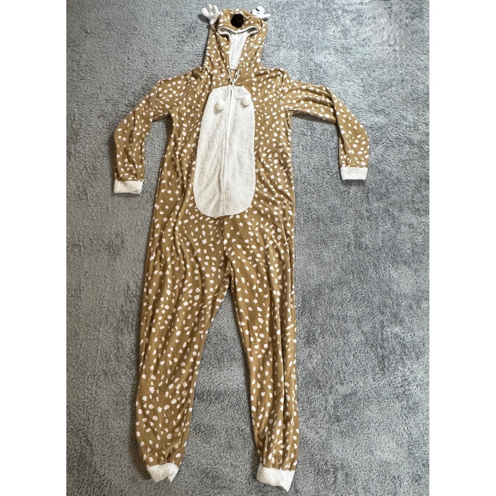 Deer Spotted Hooded Jumpsuit Pajamas Large Brown White Antlers Adult Costume